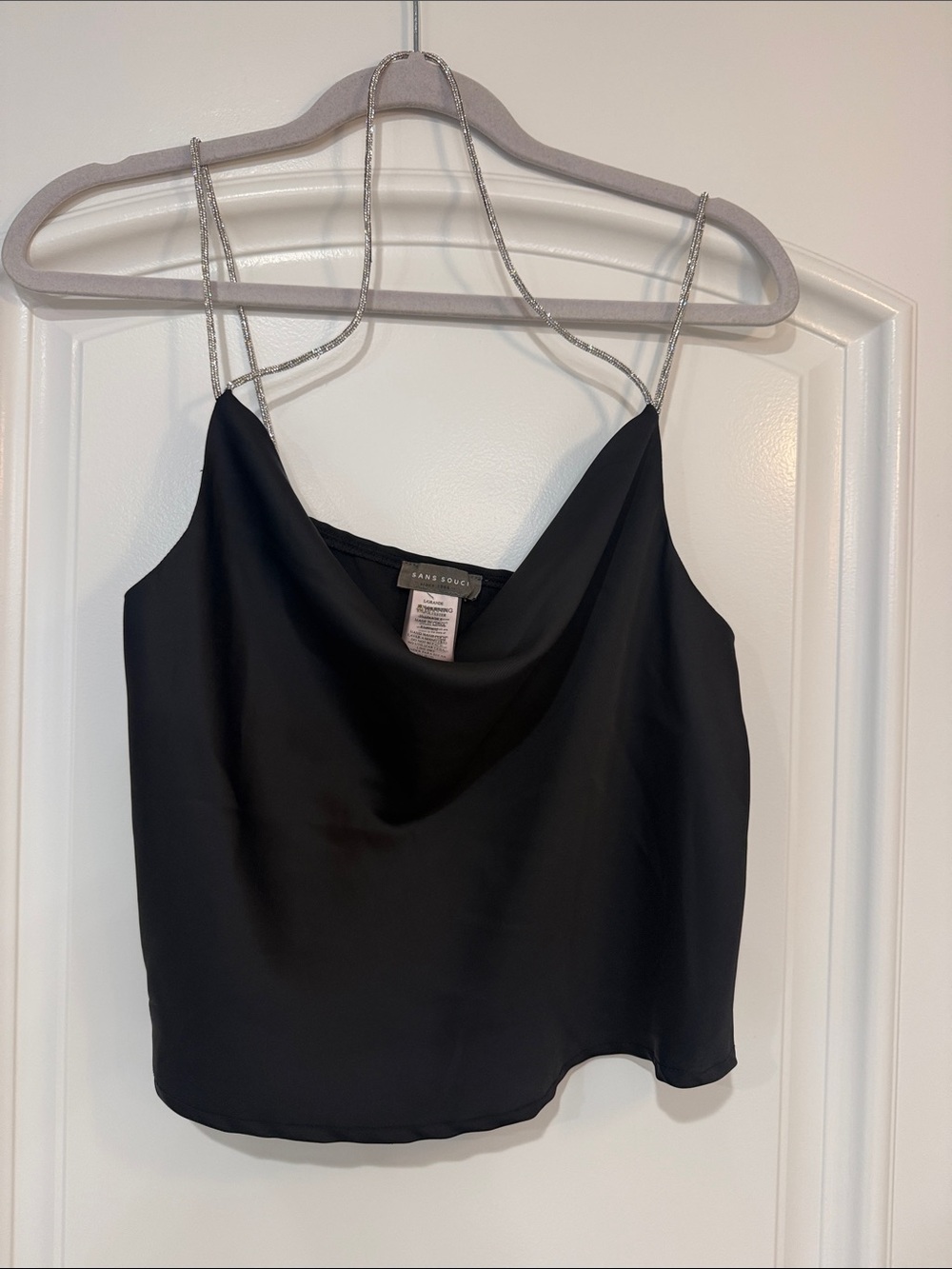 Sans Souci Black Satin Cowl Neck Camisole with Silver Chain Straps